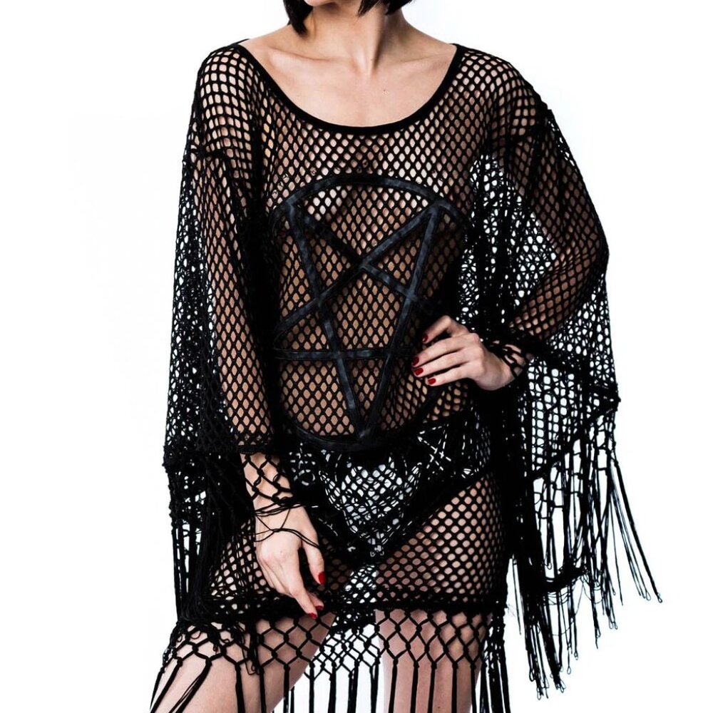Killstar Black Fishnet Pentagram Fringe Top